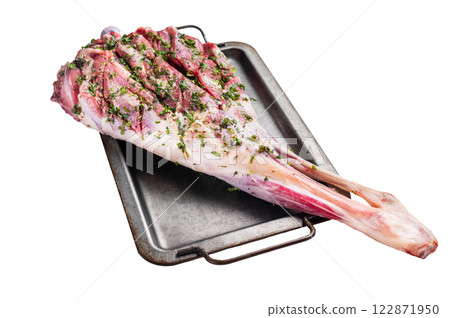 Marinated with herbs and olive oil raw lamb leg isolated on white background. top view 122871950