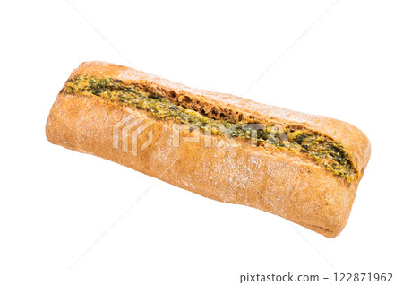 Delicious homemade garlic bread with herbs isolated on white background Delicious homemade garlic bread with herbs isolated on white background 122871962