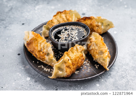 Fried Chinese Dumplings Jiaozi with meat and vegetables on plate with sauce. grey background. top view Fried Chinese Dumplings Jiaozi with meat and vegetables on plate with sauce. grey background. top view 122871964