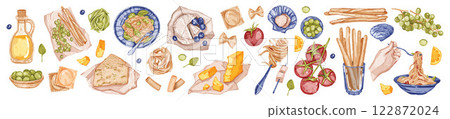 Italian food watercolor illustration set, vector meal hand drawn graphic, traditional Italy pasta. Italian food watercolor illustration set, vector meal hand drawn graphic, traditional Italy pasta. 122872024
