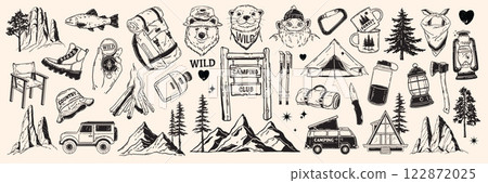 Camping doodle icon set, hand drawn forest adventure line sticker, vector mountain hiking objects.  122872025