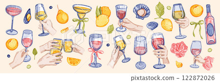 Hand holding wine glass set, wedding party drinks vector illustration watercolor alcohol print. 122872026