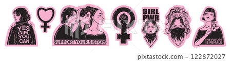 Girl power sticker set vector hand drawn woman rights illustration 8 March celebration feminist icon 122872027