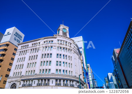 Tokyo cityscape in Japan: Towards a new era... Seiko House Ginza and other buildings stand out against the blue sky. A ray of hope for a new era = 8th Tokyo cityscape in Japan: Towards a new era... Seiko House Ginza and other buildings stand out against the blue sky. A ray of hope for a new era = 8th 122872056