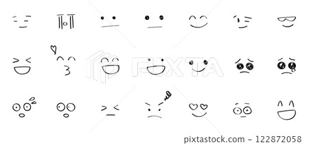 Handwritten facial expressions and emotional expression illustration set Black and white 122872058