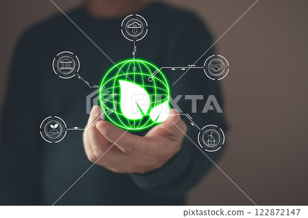 person hold technology icon to save energy,and reduce global warming,ecology friendly investment,ESG environment social governance,nature green Business Innovation and Sustainable Development concept. 122872147