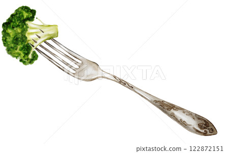 Broccoli watercolor illustration. A piece of green cabbage on a fork on an isolated white background. Botanical composition with with kitchen appliance. Hand-drawn clip art for menu design, price tags 122872151