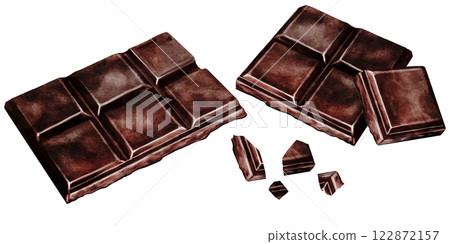 Chocolate piece watercolor. Hand drawn slice of dark chocolate bar on isolated white background. Clip art of sweet dessert. Ideal for logo and packaging of sweets, coffee shop menu and recipes Chocolate piece watercolor. Hand drawn slice of dark chocolate bar on isolated white background. Clip art of sweet dessert. Ideal for logo and packaging of sweets, coffee shop menu and recipes 122872157
