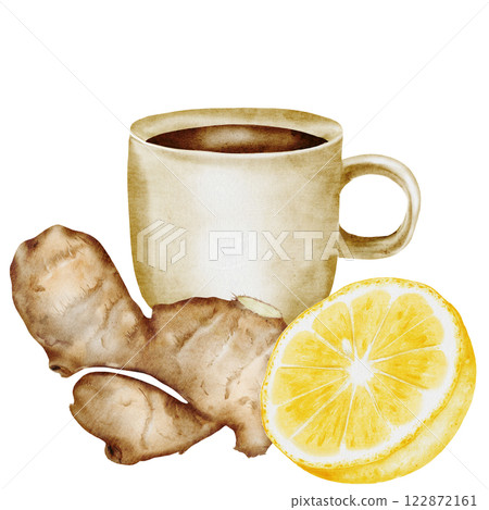 Herbal tea watercolor. Drink with lemon and ginger. Hand drawn beige mug with hot citrus drink and ginger root on isolated white background. Ideal for logo and packaging of medicinal tea. Homeopathic Herbal tea watercolor. Drink with lemon and ginger. Hand drawn beige mug with hot citrus drink and ginger root on isolated white background. Ideal for logo and packaging of medicinal tea. Homeopathic 122872161