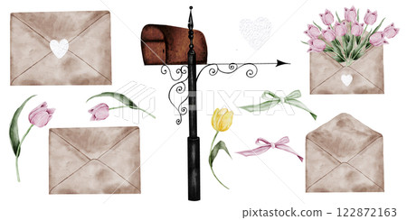 Mail watercolor set. Vintage mailbox, letter container. Letters, envelopes and flowers tulips Isolated clip art on white background. Ideal for postcards for Postal Day, Postal Worker Mail watercolor set. Vintage mailbox, letter container. Letters, envelopes and flowers tulips Isolated clip art on white background. Ideal for postcards for Postal Day, Postal Worker 122872163