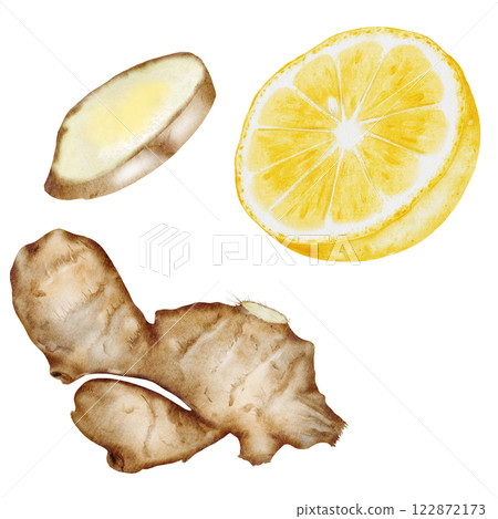 Lemon and ginger watercolor set. Hand drawn citrus and hot root on isolated white background. Clip art fruits and spices for hot drinks. Ideal for natural tea design and nutritionist blogs design Lemon and ginger watercolor set. Hand drawn citrus and hot root on isolated white background. Clip art fruits and spices for hot drinks. Ideal for natural tea design and nutritionist blogs design 122872173