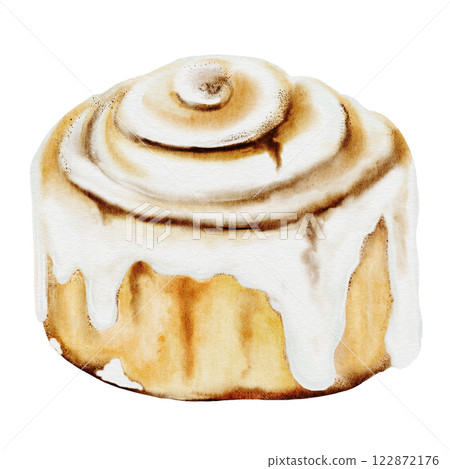 Cinnabon, cinnamon watercolor. Hand drawn cinnamon bun with cream cheese. Classic American sweet. Clip art isolated on white background. For coffee shop menu, pastry shop and sweet pastry recipes 122872176