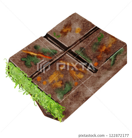 Chocolate Dubai watercolor. Hand drawn original milk chocolate bar filled with kataifi and pistachio paste on isolated white background. Clip art of sweet dessert. Ideal for logo and packaging of 122872177