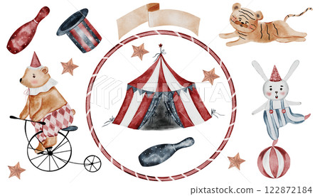 Circus watercolor. Hand drawn big set cute animals on isolated white background. Clip art of bear on bicycle, bunny on ball and tiger cub. Perfect for posters and cards for baby shower 122872184