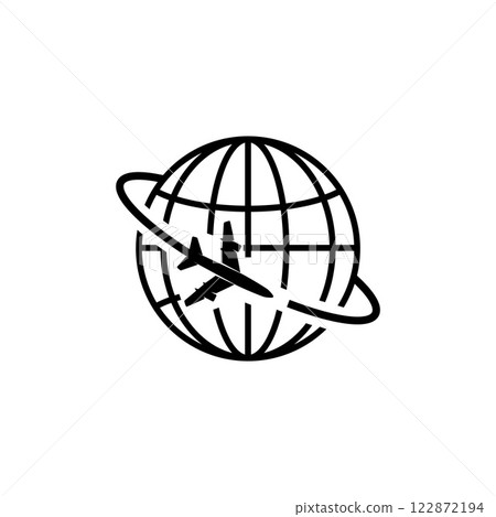 Globe icon with airplane. Globe icon with airplane. 122872194
