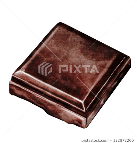 Chocolate piece watercolor. Hand drawn slice of dark chocolate bar on isolated white background. Clip art of sweet dessert. Ideal for logo and packaging of sweets, coffee shop menu and recipes 122872200