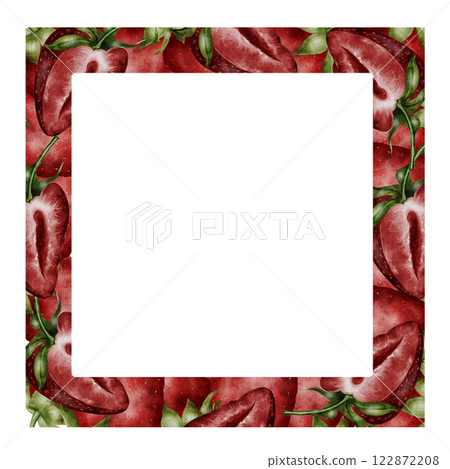Strawberry watercolor frame. Hand drawn juicy berry realism on isolated white background. Clip art berries. Ideal for fresh food packaging and natural cosmetics stores Strawberry watercolor frame. Hand drawn juicy berry realism on isolated white background. Clip art berries. Ideal for fresh food packaging and natural cosmetics stores 122872208