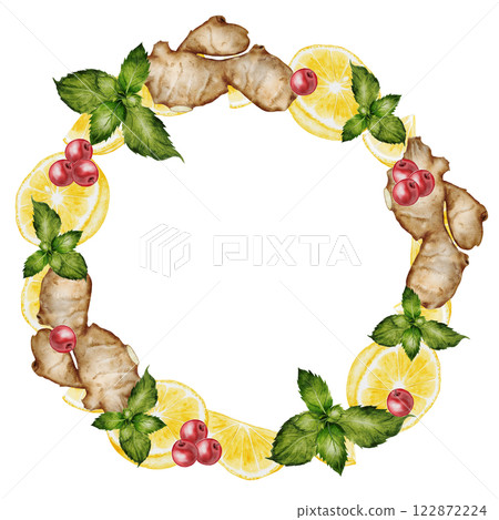 Ginger and lemon watercolor frame. Hand drawn hot root, citrus and mint on isolated white background. Clip art fruits and spices for hot drinks. Ideal for natural tea design and nutritionist blogs Ginger and lemon watercolor frame. Hand drawn hot root, citrus and mint on isolated white background. Clip art fruits and spices for hot drinks. Ideal for natural tea design and nutritionist blogs 122872224
