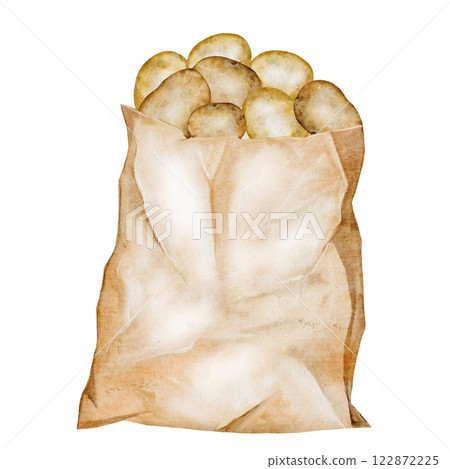 Potato watercolor illustration. Ripe vegetable in a paper bag hand drawn on white isolated background. Organic farm product. Ideal for potato product label, tags and posters Potato watercolor illustration. Ripe vegetable in a paper bag hand drawn on white isolated background. Organic farm product. Ideal for potato product label, tags and posters 122872225