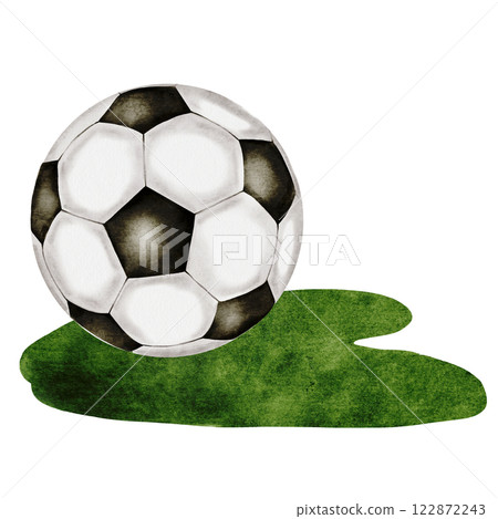 Soccer ball watercolor. Football ball on the grass hand drawn illustration isolated on white background. Sports equipment. For football club logo, poster and football match tickets 122872243