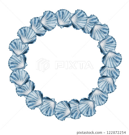Seashells watercolor frame. Round border of blue shells on isolated white background. Clip art of sea creatures. Ideal for design of cosmetics packaging and bathroom textiles. Seashells watercolor frame. Round border of blue shells on isolated white background. Clip art of sea creatures. Ideal for design of cosmetics packaging and bathroom textiles. 122872254