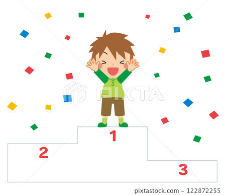 Illustration of a cute little boy celebrating on the podium after winning a championship. White background. Vector clip art Illustration of a cute little boy celebrating on the podium after winning a championship. White background. Vector clip art 122872255