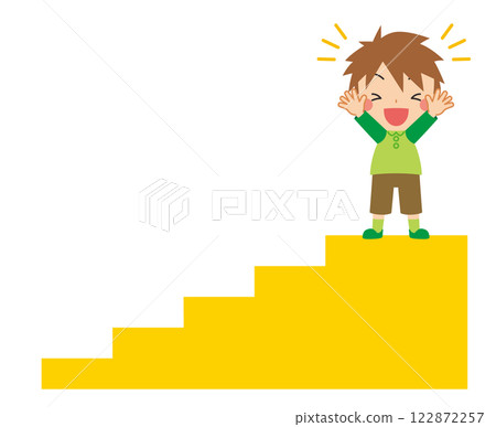 Illustration of a boy cheering with joy at the top of the stairs, white background, vector, clip art Illustration of a boy cheering with joy at the top of the stairs, white background, vector, clip art 122872257