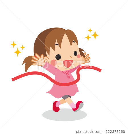 Illustration of a cute little girl cutting the finish line tape, white background, vector, clip art 122872260