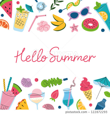 Hello summer greeting card with vector illustrations, flat cartoon doodle icons. Summer theme with drinks, cocktails, mocktails, fruits, sunglasses, and accessories. Bright cheerful design Hello summer greeting card with vector illustrations, flat cartoon doodle icons. Summer theme with drinks, cocktails, mocktails, fruits, sunglasses, and accessories. Bright cheerful design 122872293