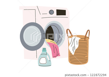 Vector illustration of washing machine with open door, laundry inside, detergent bottle, and wicker basket. Simple, cartoonish, and flat design depicting home, cleaning, and household chores 122872294