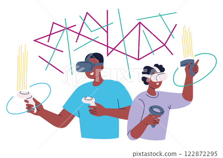 Vector illustration of father and son playing VR games with headsets and controllers. Flat cartoon composition with family bonding, friends spending time together, gaming, virtual reality experience 122872295