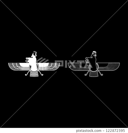 Zoroastrism religion Faravahar Zorostrian symbol Parsi set icon white color vector illustration image solid fill outline contour line thin flat style Zoroastrism religion Faravahar Zorostrian symbol Parsi set icon white color vector illustration image solid fill outline contour line thin flat style 122872395