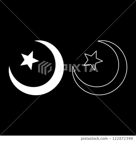 Symbol Alem Islam Halfmoon Arabic moon and star set icon white color vector illustration image solid fill outline contour line thin flat style Symbol Alem Islam Halfmoon Arabic moon and star set icon white color vector illustration image solid fill outline contour line thin flat style 122872399