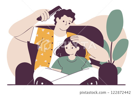 Father brushing his little daughter's hair. Family time. Vector illustration 122872442