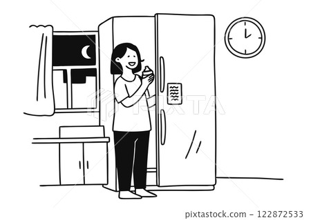 Young woman stands at the refrigerator late at night. A late-night snack. Eating disorder Young woman stands at the refrigerator late at night. A late-night snack. Eating disorder 122872533