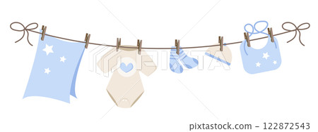 Baby clothes on clothesline. Flat vector illustration. 122872543
