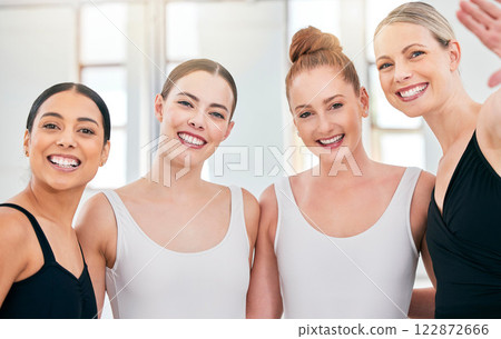 Ballet, dance and happy portrait of women relax in performance art studio after practice, training or dancing exercise. Group of people, girl friends or dancer team smile for work on creative routine Ballet, dance and happy portrait of women relax in performance art studio after practice, training or dancing exercise. Group of people, girl friends or dancer team smile for work on creative routine 122872666