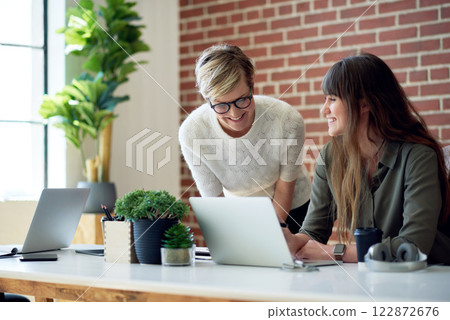 two business women using laptop computer working in office team leader sharing ideas with colleague on screen two business women using laptop computer working in office team leader sharing ideas with colleague on screen 122872676