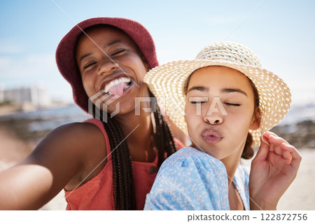 Happy, beach and friends with women and selfie for social media, summer and holiday. Travel, vacation and smile with woman and photography by the sea on phone camera for lifestyle, happiness and sun Happy, beach and friends with women and selfie for social media, summer and holiday. Travel, vacation and smile with woman and photography by the sea on phone camera for lifestyle, happiness and sun 122872756