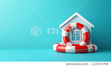 A 3D home wrapped in lifebuoy symbolizes flood insurance and safety. This creative representation highlights importance of protection for your home. 122872766