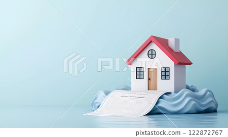 A 3D house floating on large insurance document evokes sense of security and stability in uncertain times. 122872767