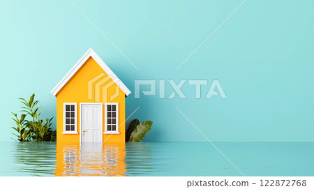 A vibrant yellow house partially submerged in water, surrounded by lush green plants, symbolizes resilience in flood zone. 122872768