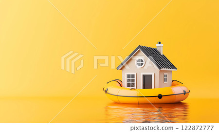 A 3D house on top of life raft, surrounded by vibrant yellow background, creates whimsical and imaginative scene. 122872777