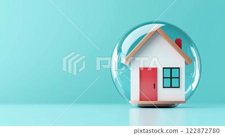 A 3D house is protected by safety bubble, symbolizing flood insurance and security. This creative representation evokes sense of safety and protection. 122872780