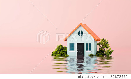 A 3D house surrounded by rising floodwaters, symbolizing environmental challenges and resilience. 122872781
