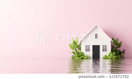 A 3D house surrounded by rising floodwaters, with lush greenery, evokes sense of vulnerability and resilience. 122872782