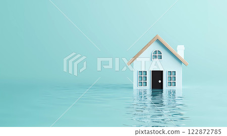 A serene 3D house surrounded by calm water, symbolizing tranquility and isolation. 122872785
