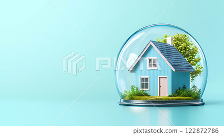 A charming 3D house is encapsulated under glass dome, surrounded by greenery, symbolizing safety and tranquility. 122872786