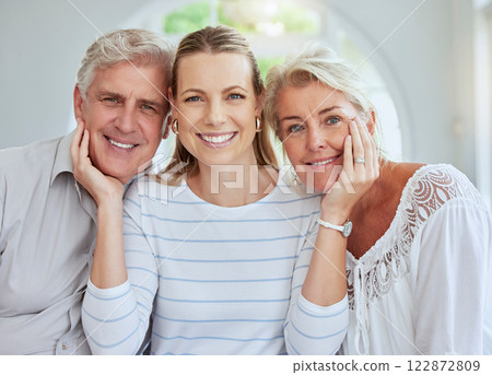Care, support and portrait of grandparents with daughter for happy family, generations and love. Motivation, retirement and wellness with elderly parents and woman together in family home 122872809