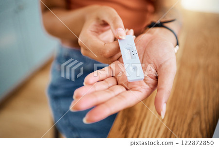 Woman hands holding a covid test for safety, healthcare and medicare with a negative result. Closeup of a rapid coronavirus antigen testing kit for a medical diagnosis exam with a pcr device at home. 122872850